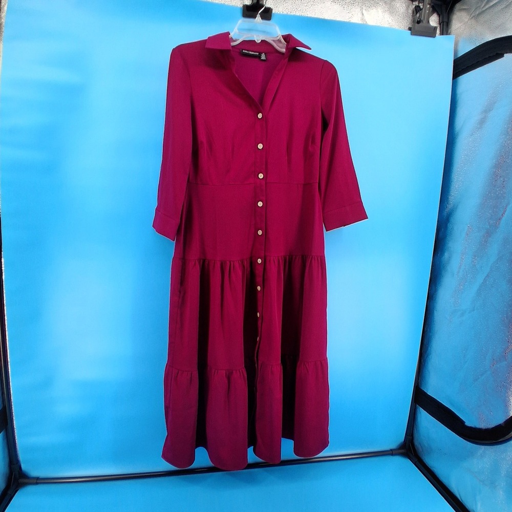 Nina Leonard Shirt Dress Women XS Magenta Tiered Midi Collared 3/4 Sleeve Button